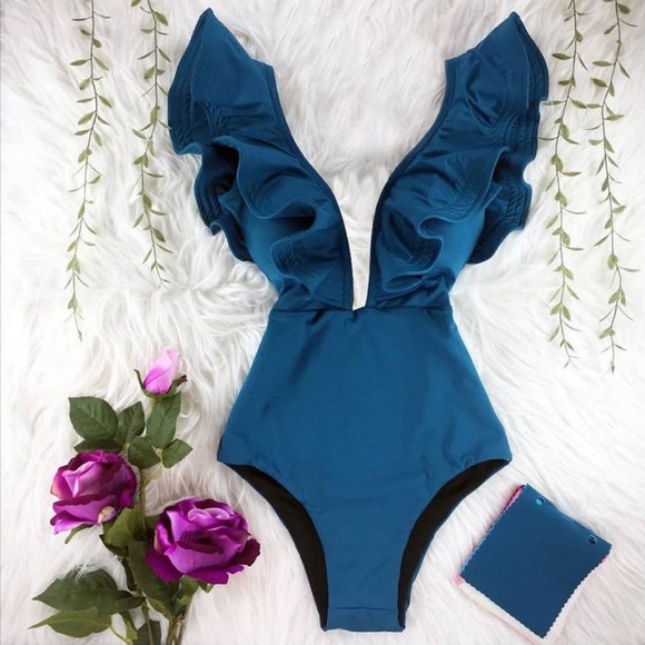 Other - 🎉New One Shoulder Solid Ruffle Print One-piece Backless Swimsuit